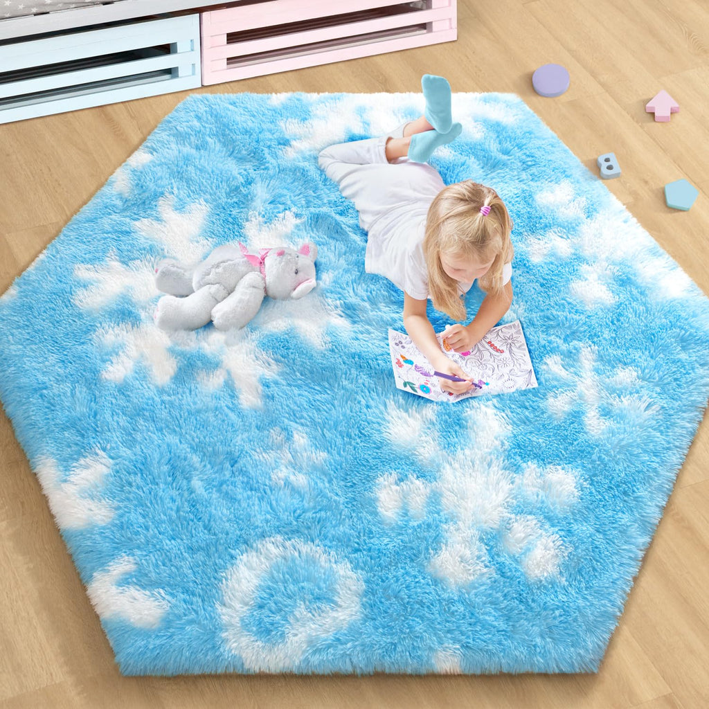 EVOIONOS Forzen Princess Tent Rug 4x4.6 Feet Frozen Rugs for Girls Bedroom Fluffy Snowflake Rug for Frozen Room Decor Plush Carpet for Kids Room Playroom Nursery Decor Cute Hexagon Blue Rugs