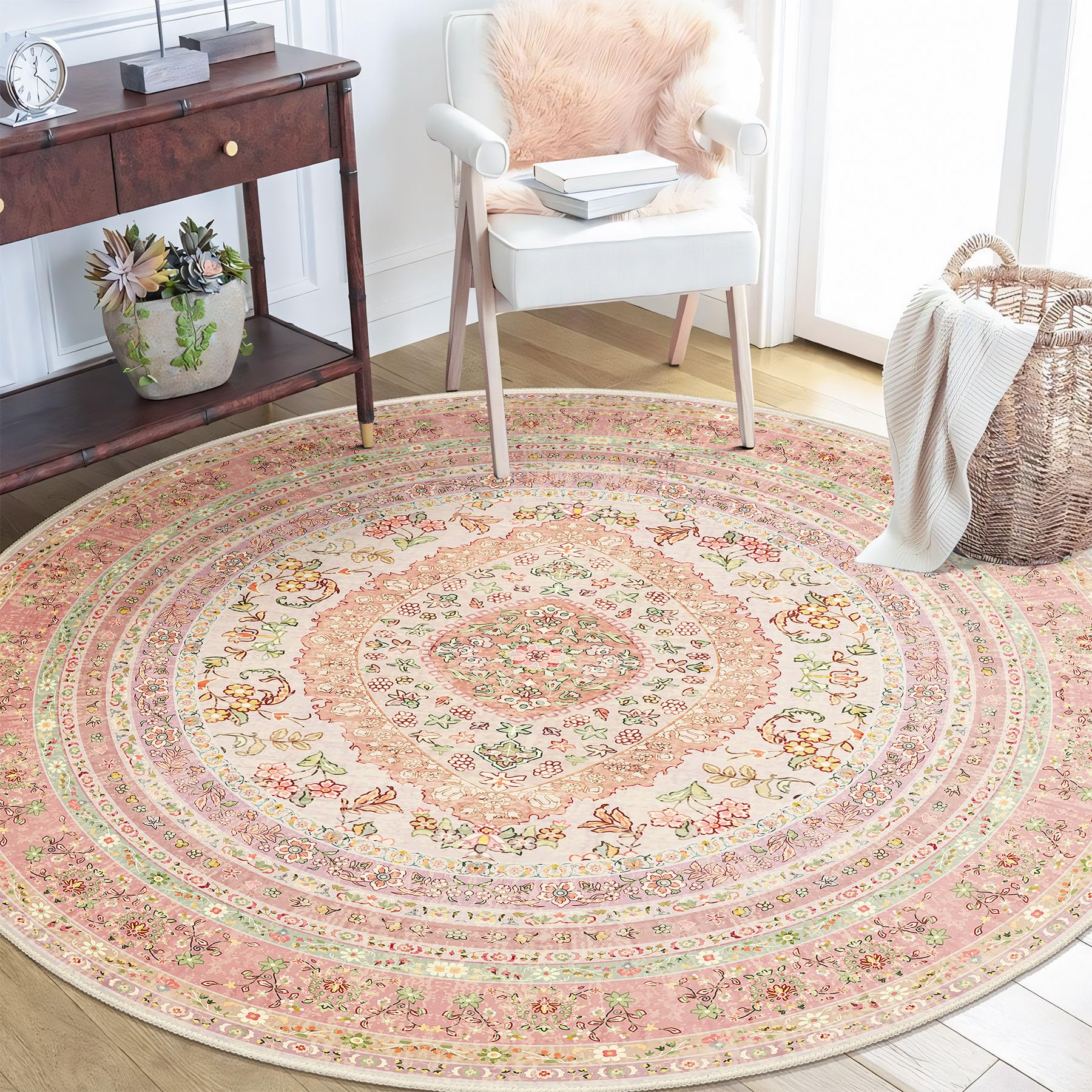 Castage Round Area Rugs 5ft WashablePink Rug for Living Room Bedroom Dining RoomCircle Boho Vintage Bohemian Distressed Farmhouse Carpet Non SlipBlush Floral