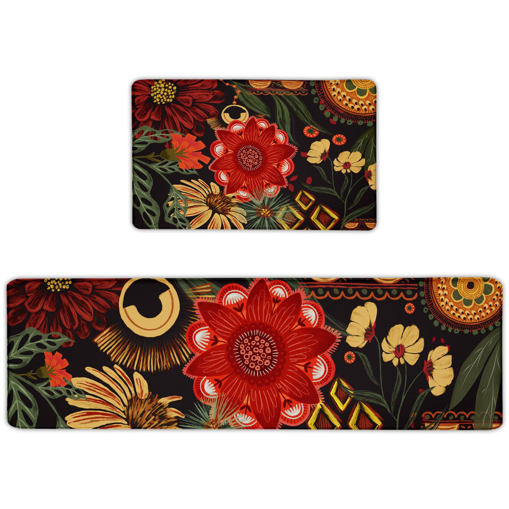 Tyrot Black Boho Floral Long Kitchen Mats Rugs Sets of 2 Cushioned Anti Fatigue Floor Mat Comfort Kitchen Rugs Farmhouse Style Non Slip Waterproof Mid Century Botanical Standing Mat for Sink Laundry