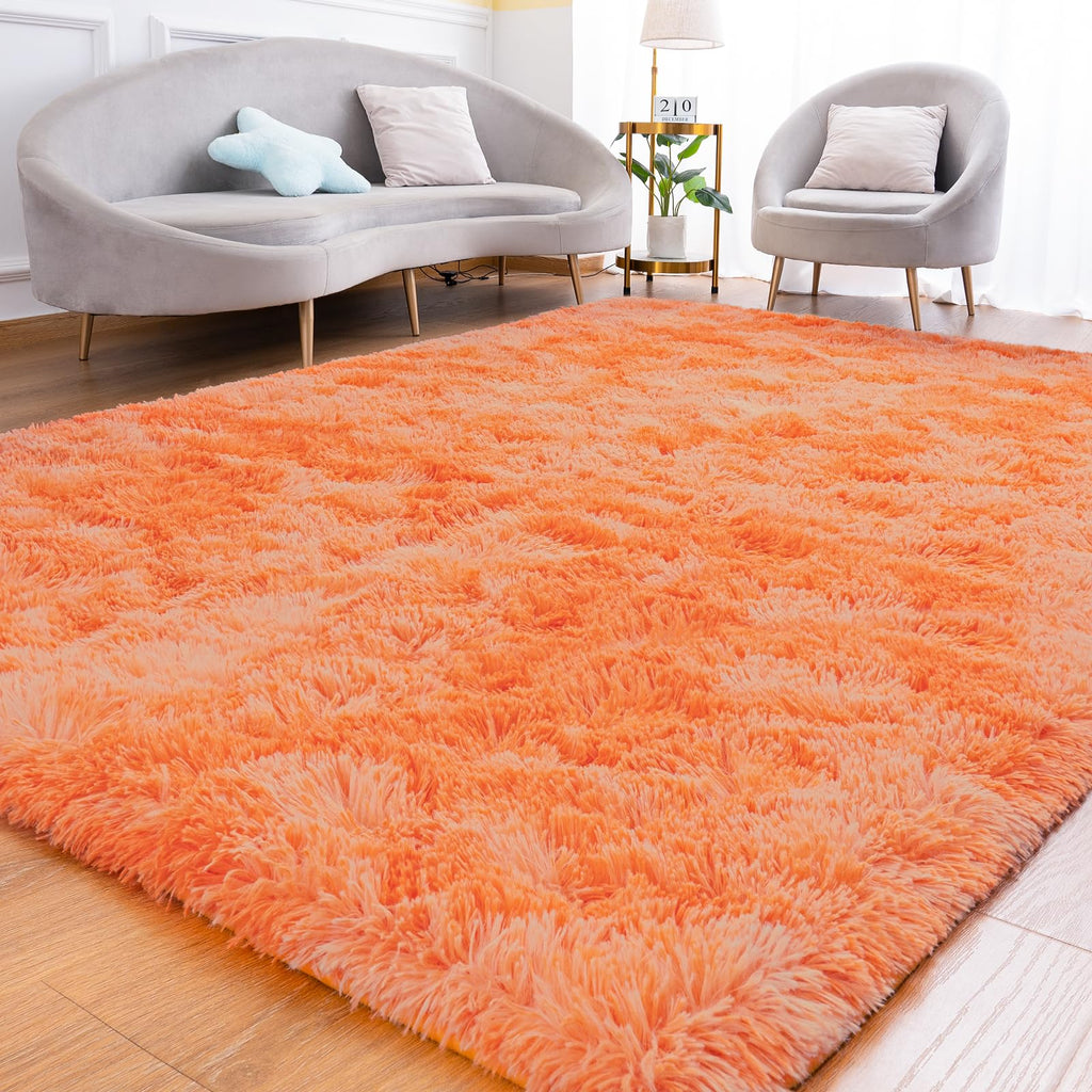 Goideal Fluffy Area Rug for Living Room Bedroom 4 x 6 Tie-Dyed Orange Rug Fuzzy Non-Slip Modern Carpet Ultra Soft Faux Fur Rugs for Dorm Kids Room Home Decor