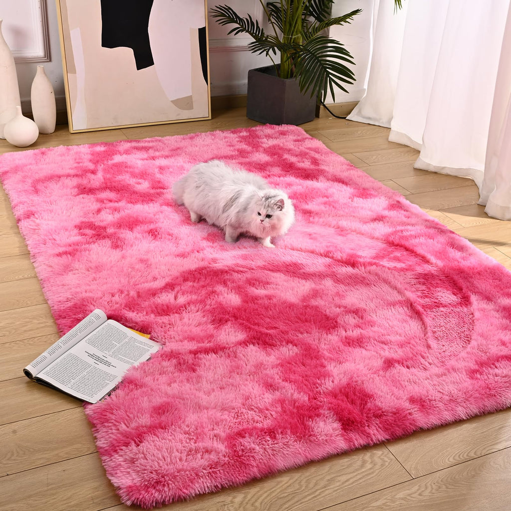 Vocrite Pink Area Rug for Girls Bedroom Fluffy Shag Rugs for Living Room Shaggy Furry Fuzzy Faux Fur Rug for Nursery Kids Room Cute Pink Home Decor for Dorm Playroom 4x6 Ft Hot Pink