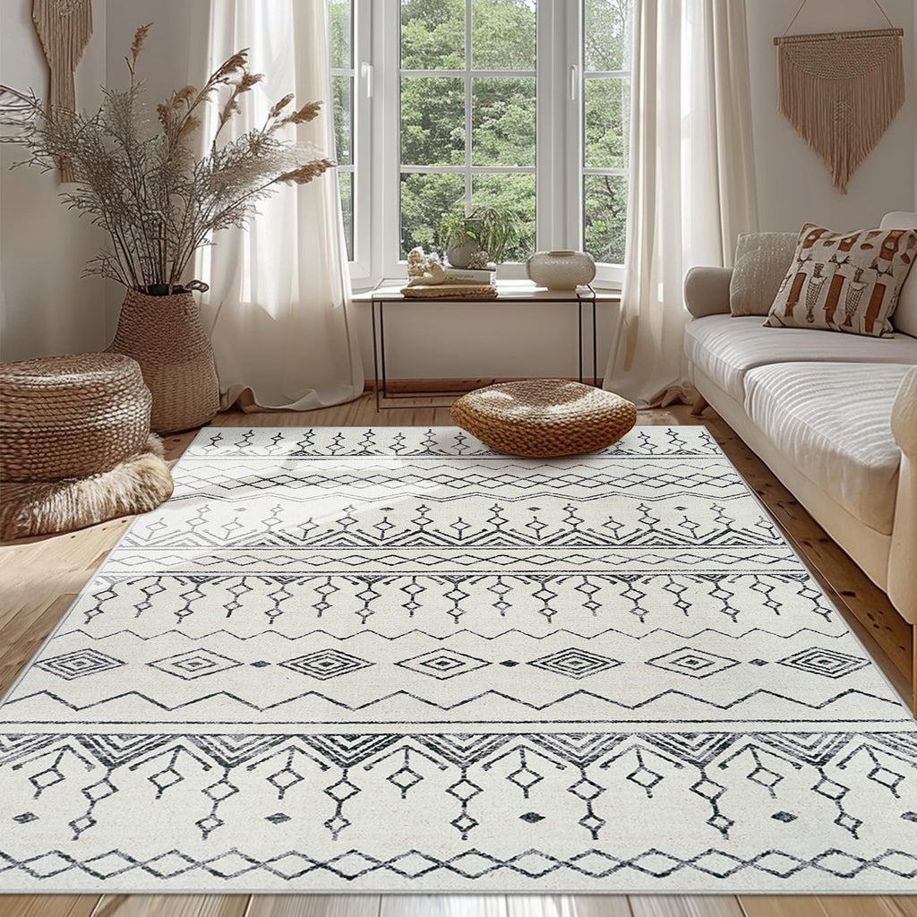 Area Rug Living Room Carpet: 10x14 Large Moroccan Soft Fluffy Geometric Washable Bedroom Rugs Dining Room Home Office Nursery Low Pile Decor Under Kitchen Table Black/Beige