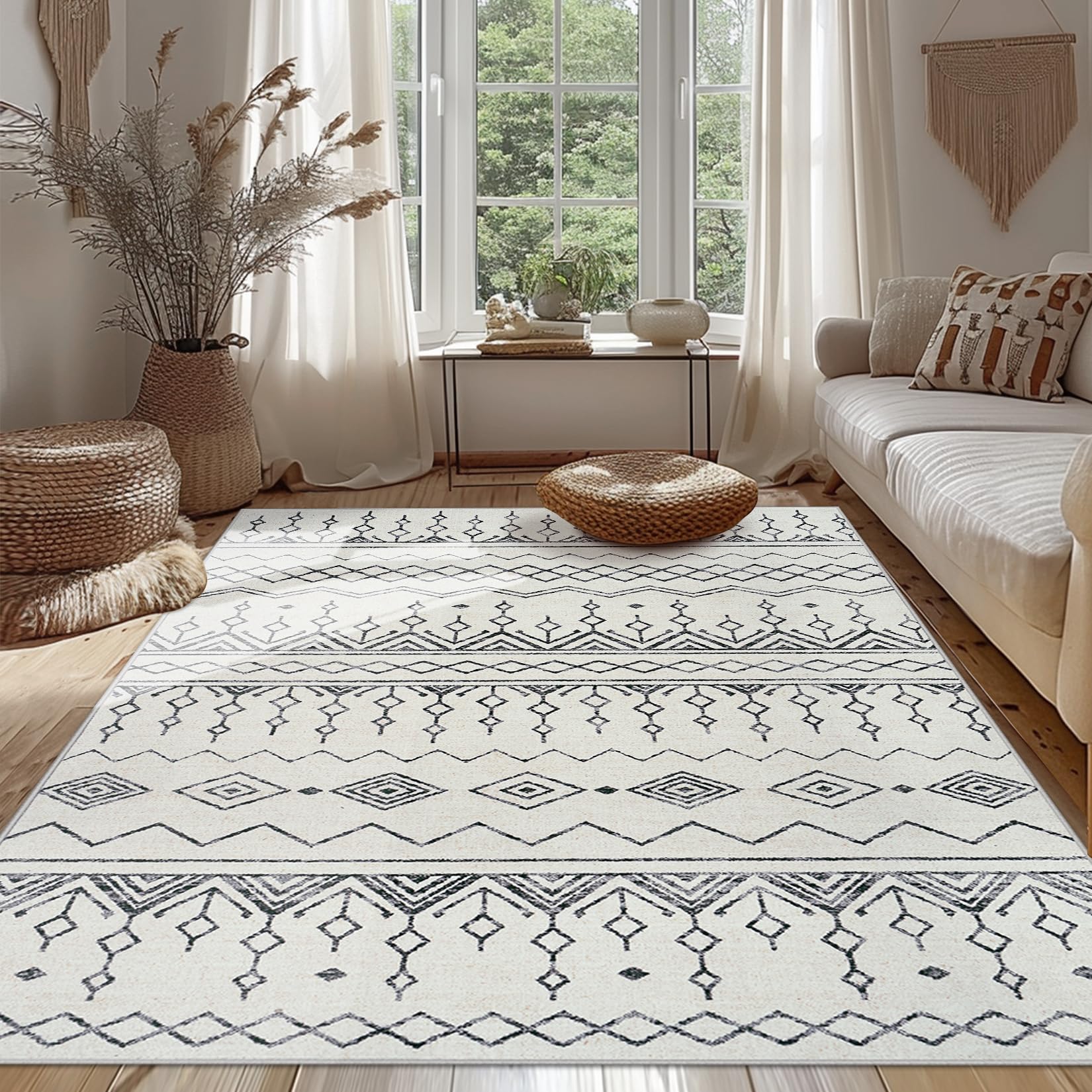 Area Rug Living Room Carpet: 10x14 Large Moroccan Soft Fluffy Geometric Washable Bedroom Rugs Dining Room Home Office Nursery Low Pile Decor Under Kitchen Table Black/Beige