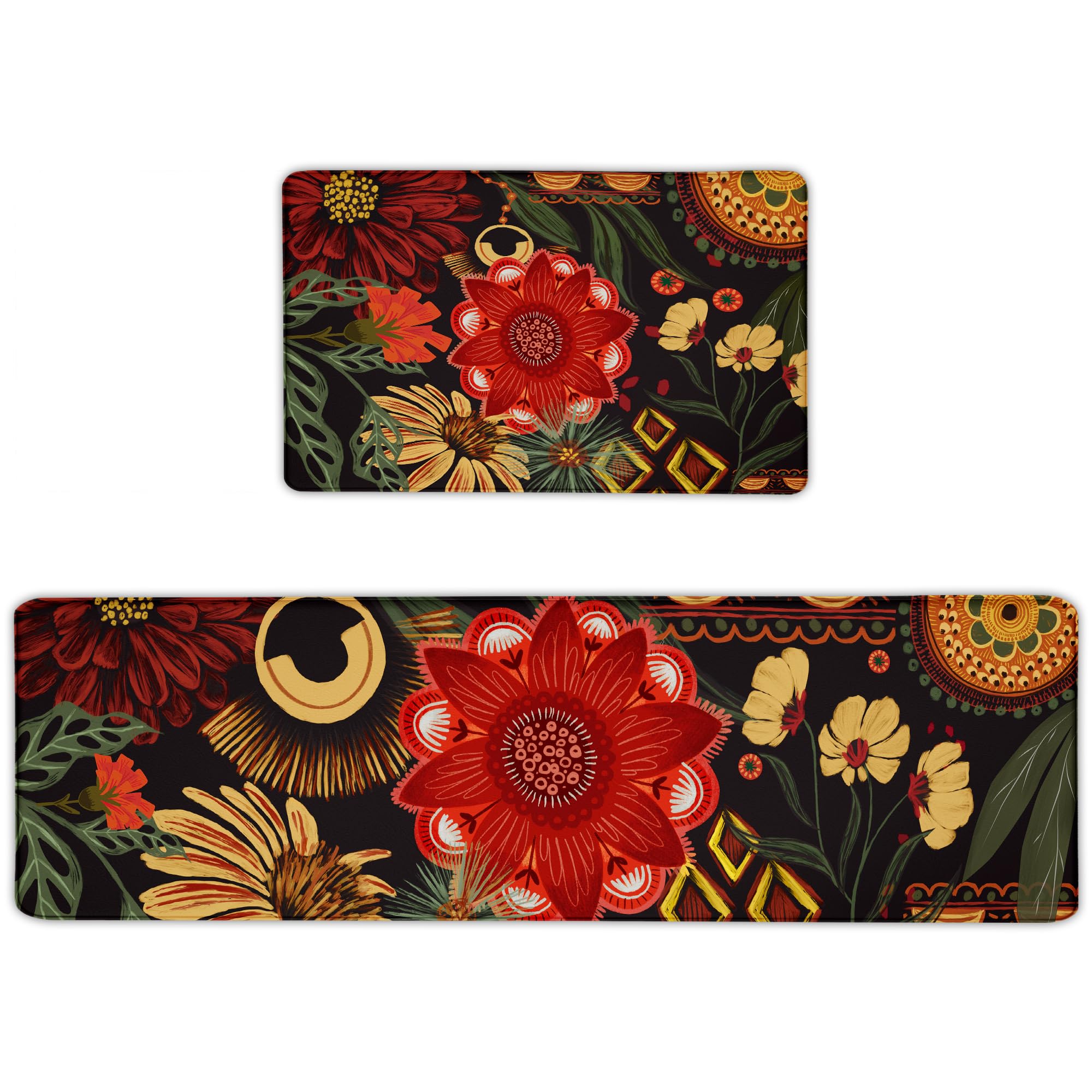 Tyrot Black Boho Floral Long Kitchen Mats Rugs Sets of 2 Cushioned Anti Fatigue Floor Mat Comfort Kitchen Rugs Farmhouse Style Non Slip Waterproof Mid Century Botanical Standing Mat for Sink Laundry