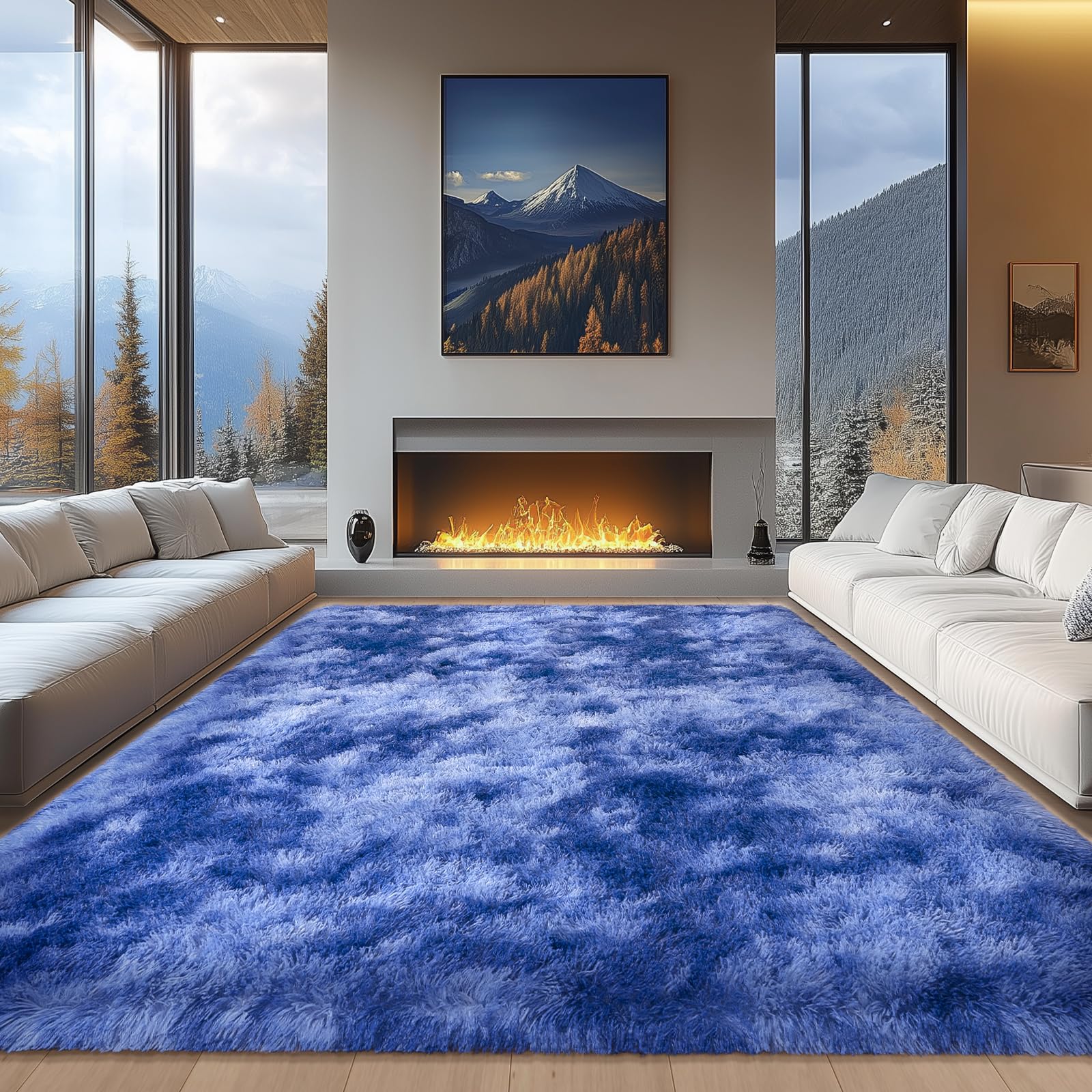 WISH TREE Extra Large Blue Living Room Rug 9x12 Soft Fluffy Shag Rug for Boys Bedroom Non-Slip Modern Indoor Fuzzy Big Rug Plush Tie-Dye Royal Blue Rugs for Nursery Kids Room Dorms Home Decor