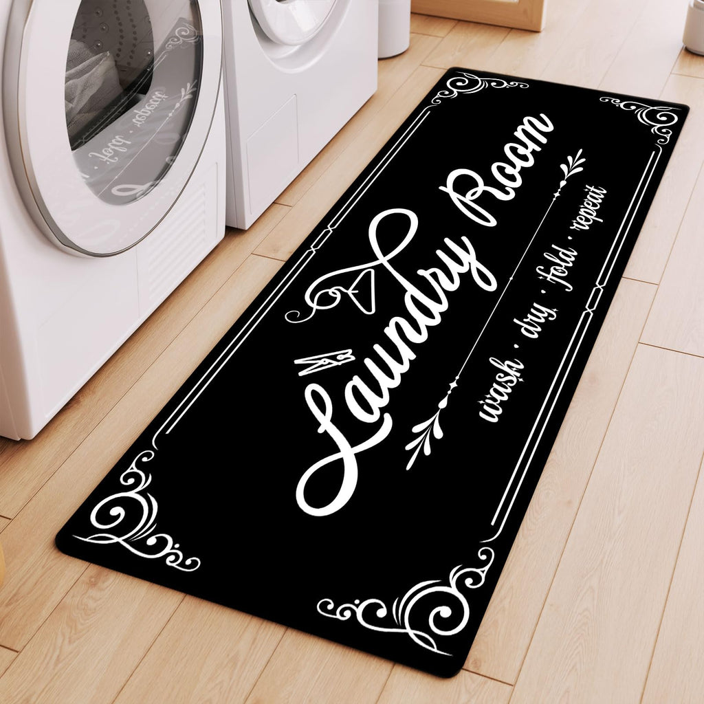 Laundry Room Rug Runner 17.7"x45" Non Slip Black Laundry Rugs Farmhouse Washable Floor Laundry Mats for Laundry Room Mudroom Kitchen Washroom Bathroom Hallway Entryway Area Rugs Decor