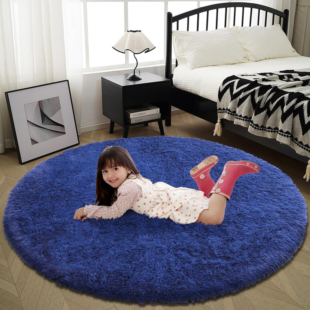Blue Fluffy Round RugSoft Area Rugs for Girls RoomShaggy Rugs 4X4 for Living RoomNon Slip Circle Rug for Kids BedroomShag Plush Nursery RugFuzzy Plush Rug for DormCute Furry Room Decor Rug