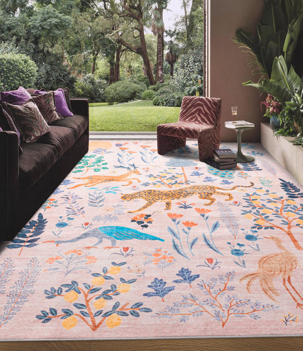chakme Jungle 5x7 Tiger Area Rugs for Living Room Animal Pink Rugs Non Slip Soft Tiger Rug Thin Colorful Animal Rug Area Rug for Bedroom Nursery Rug（Pink 5x7FT）