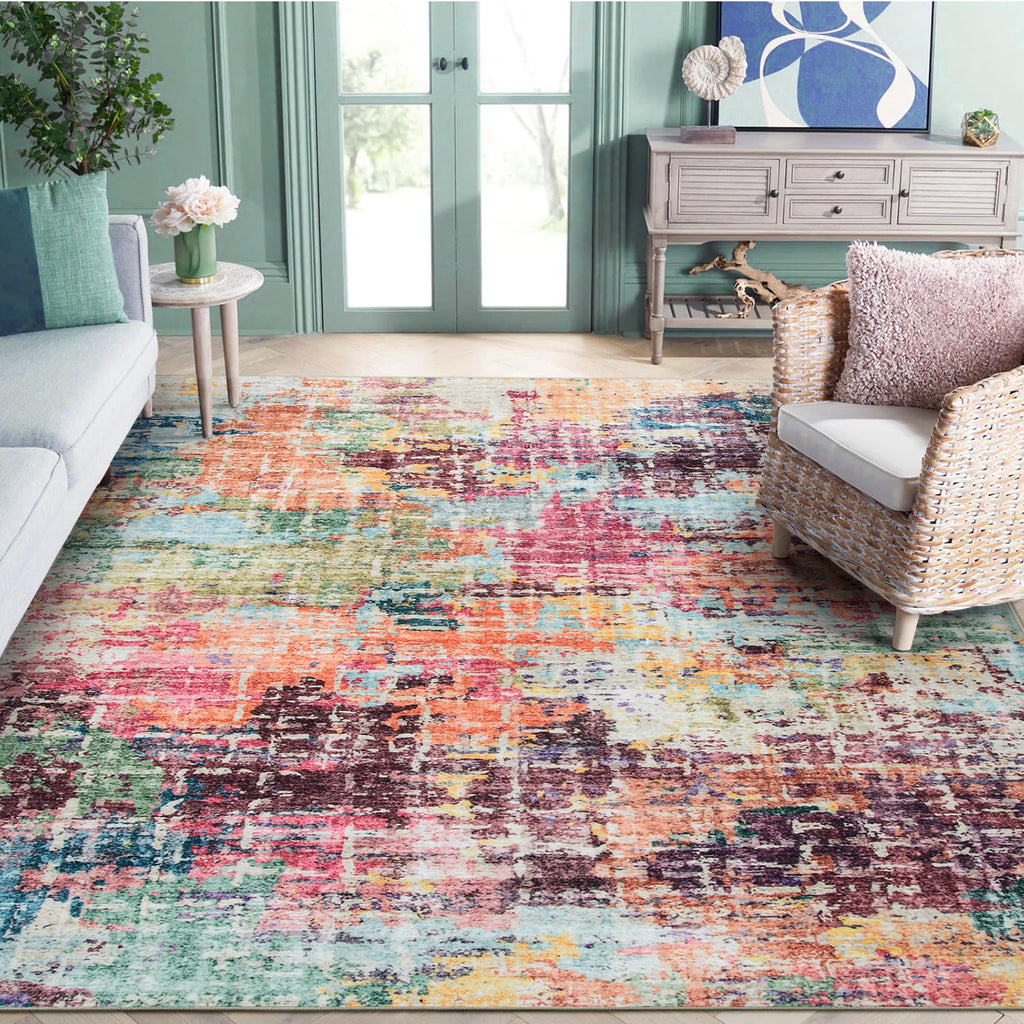 Beeiva Abstract Machine Washable Area Rug Modern Washable 8 x 10 Area Rugs for Living Room Non Slip Multicolor Rug Foldable Large Rugs for Living Room Bedroom Dining Room Office
