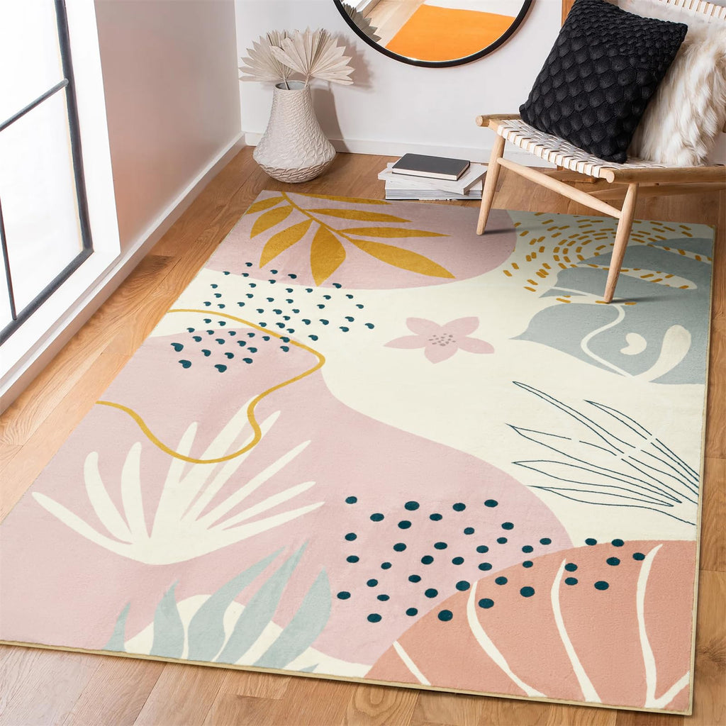 RoomTalks Cute Pink Nuresry Rug Washable Boho Modern Contemporary Aesthetic 4x6 Area Rugs for Bedroom Dining Living Room Dorm Abstract Art Tropical Leaves Thin Indoor Entryway Rug Carpet