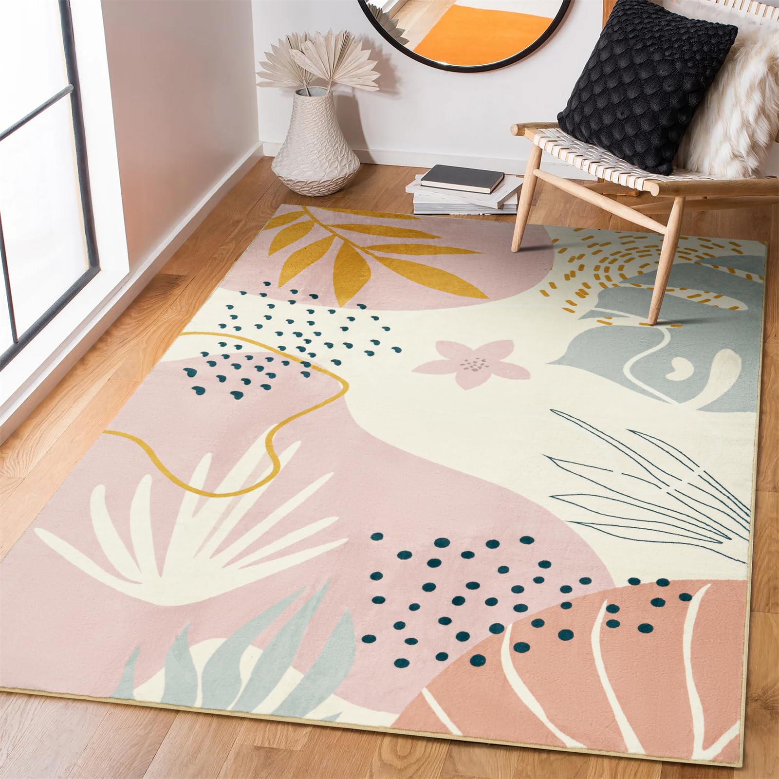 RoomTalks Cute Pink Nuresry Rug Washable Boho Modern Contemporary Aesthetic 4x6 Area Rugs for Bedroom Dining Living Room Dorm Abstract Art Tropical Leaves Thin Indoor Entryway Rug Carpet