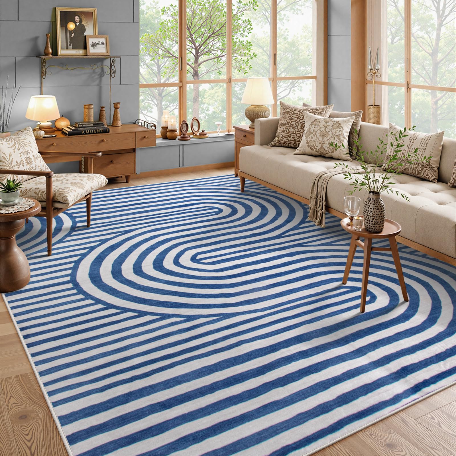 Lahome Modern Area Rugs 8x10，Blue Rugs for Living Room Bedroom Rug 8x10 Under Bed Geometric Abstract Accent Rug Non Slip Soft Easy Clean Non Skid Carpet for Dining Office Dorm(8X10Blue)