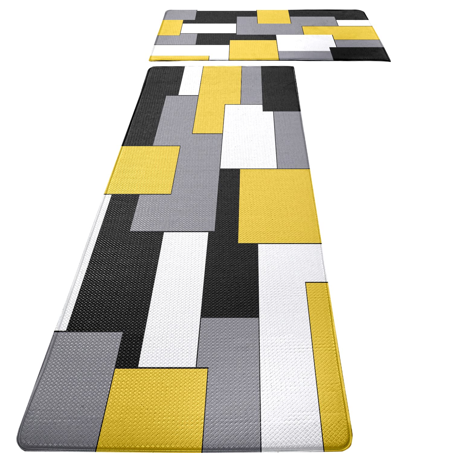 Yellow Black Grey White Kitchen Rugs and Mats Set of 2 Cushioned Anti Fatigue Kitchen Rugs Set Geometric Non-Skid Washable Kitchen Mats for Kitchen Sink Laundry (Yellow Grey 17.5"x29.5"+17.5"x47")